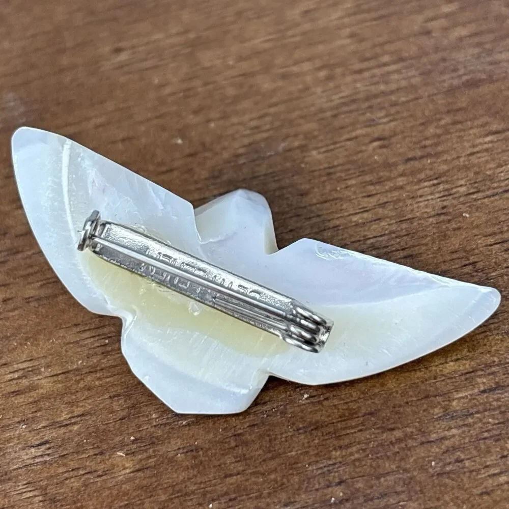 Vintage Signed Bethlehem Carved Mother of Pearl Dove Peace Bird Brooch 1950's